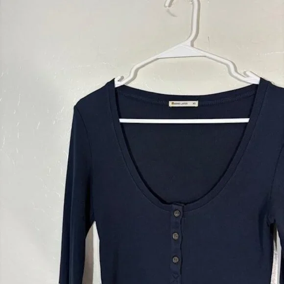 Marine Layer Shirt Womens XS Navy Blue Ribbed Scoop Neck Henley Long Sleeve - Picture 2 of 7